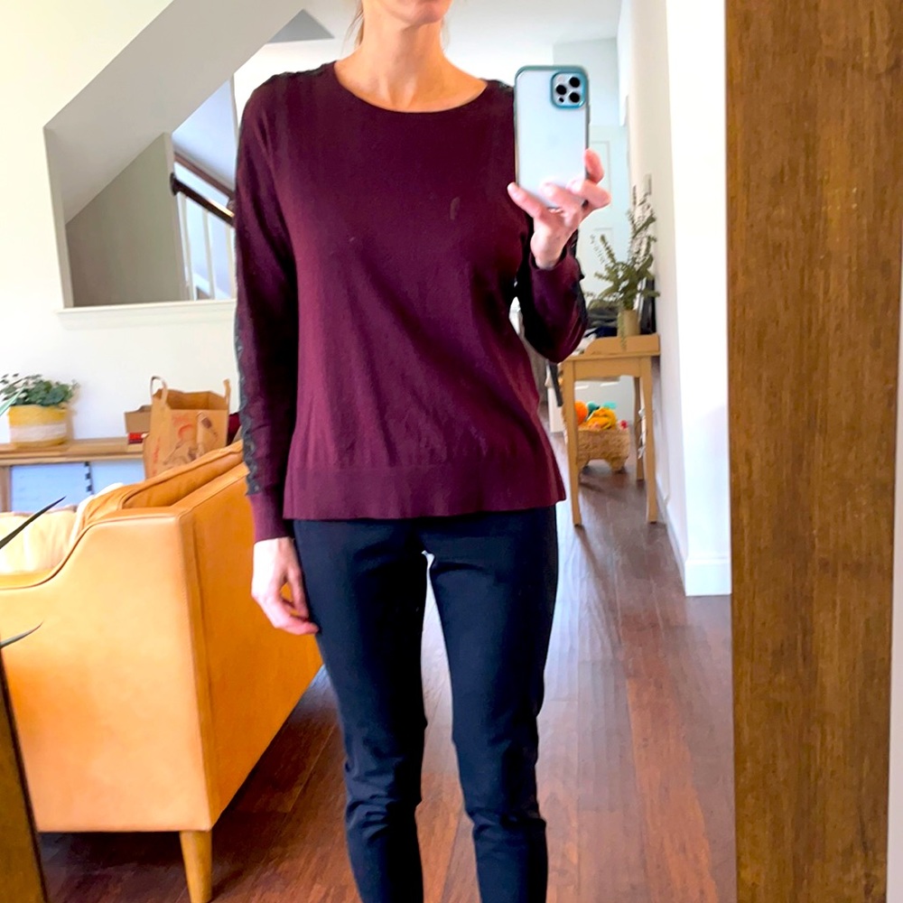 LOFT Purple Sweater with Lace Sleeve Detail